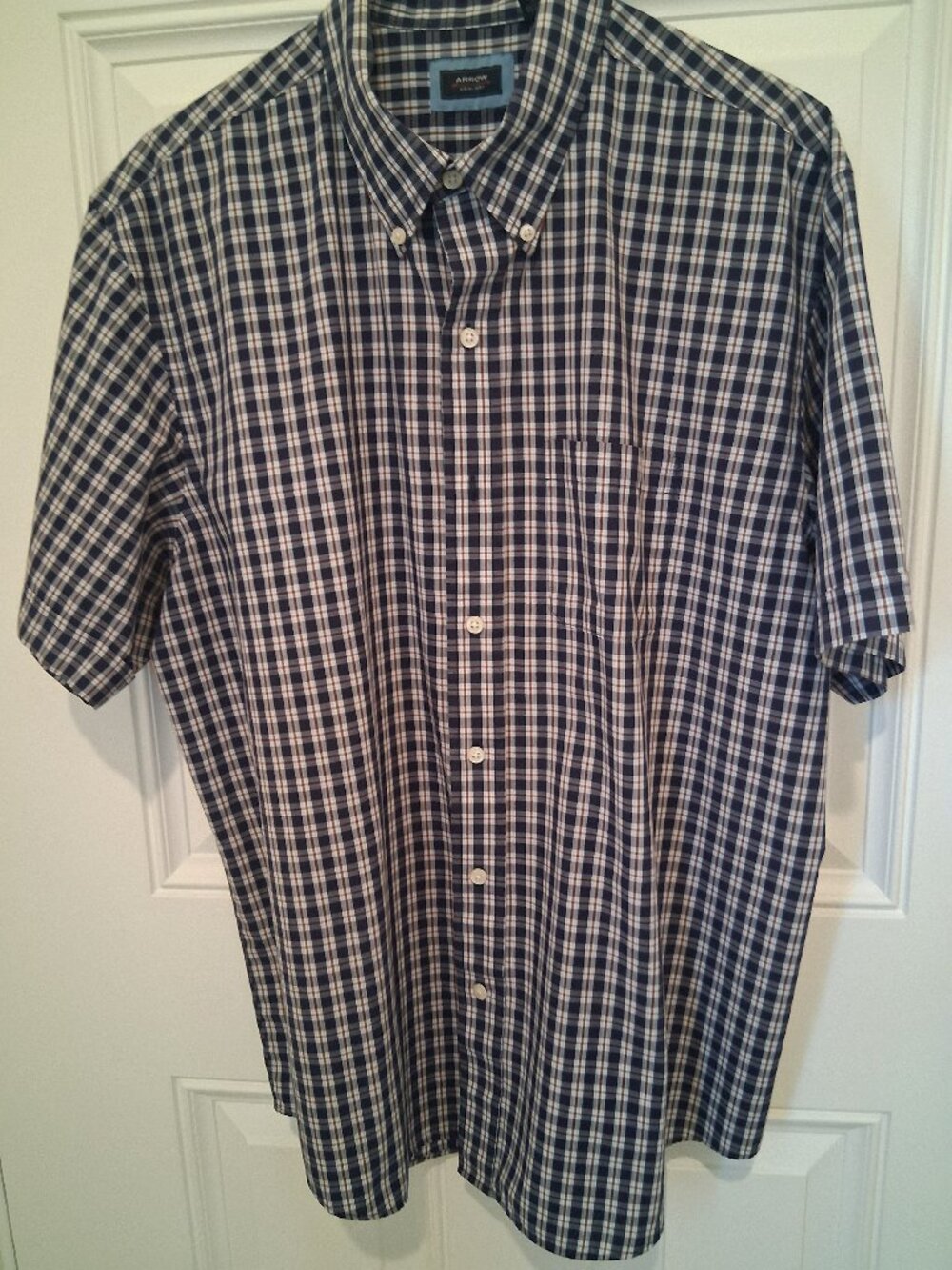 Arrow Men's-Short-Sleeve, Button-Down Shirt-Plaid - Dark Blue, Red, White-XL